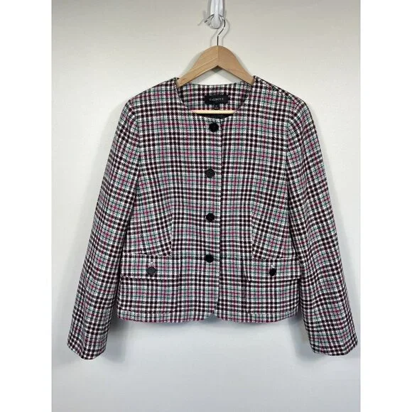 Talbots Blazer Womens 14 Pink Green Blue Houndstooth Collarless Wool Pockets - Picture 1 of 12